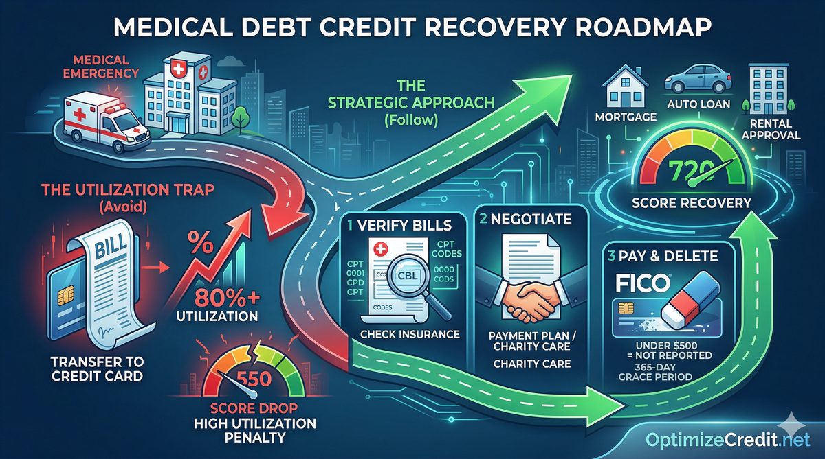 Hospital bills affecting FICO score, flat vector illustration - Free Credit Stock Photo