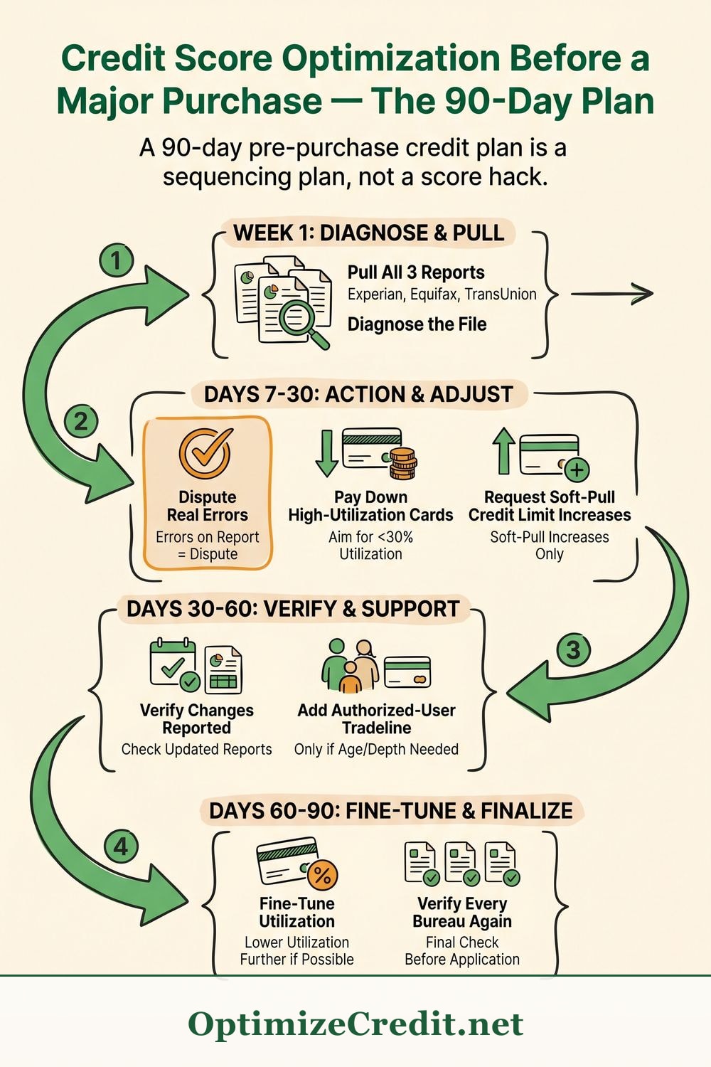 Credit Score Optimization Before a Major Purchase — The 90-Day Plan infographic — OptimizeCredit.net