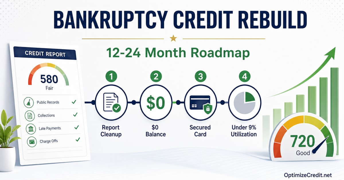 Horizontal bankruptcy credit rebuild roadmap showing report cleanup, $0 balance verification, secured card, under 9% utilization, and a 12 to 24 month recovery timeline