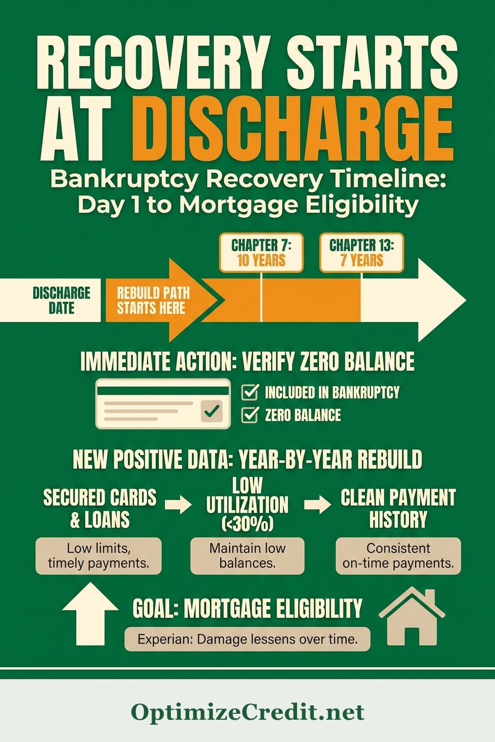 How to Recover From Bankruptcy — Rebuilding Your Credit File Year by Year infographic — OptimizeCredit.net