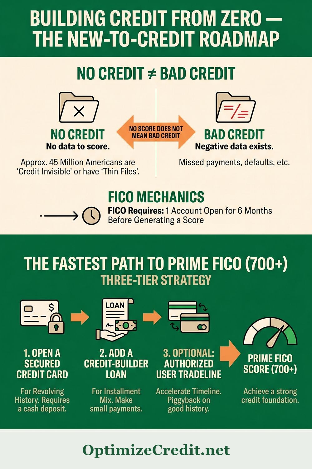 Building Credit From Zero — The New-to-Credit Roadmap infographic — OptimizeCredit.net