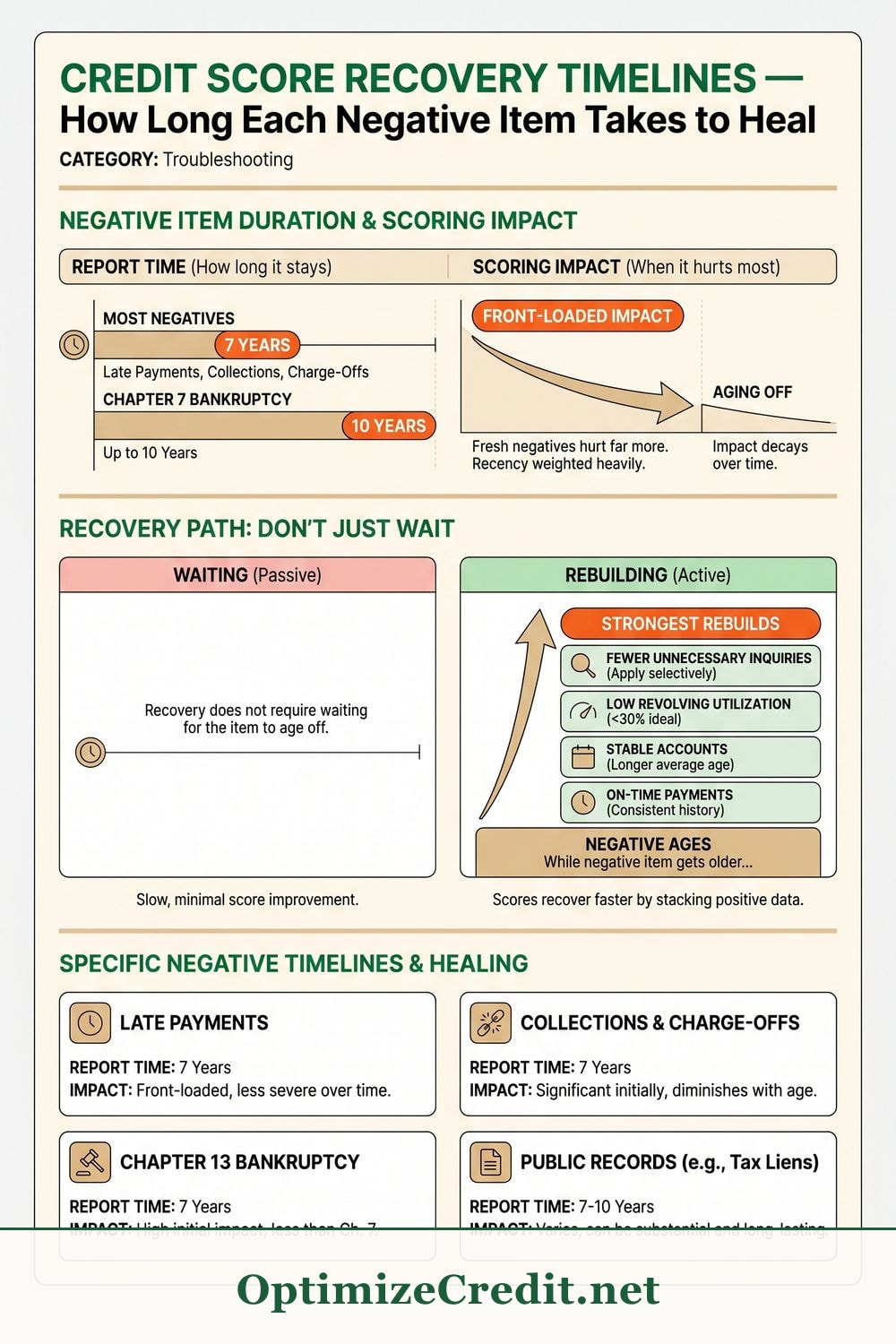 Credit Score Recovery Timelines — How Long Each Negative Item Takes to Heal infographic — OptimizeCredit.net