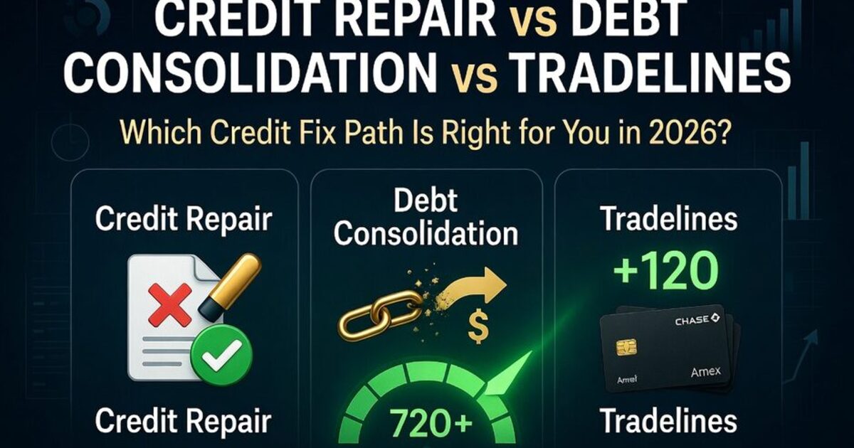 Side-by-side comparison of credit repair, debt consolidation, and tradeline strategies