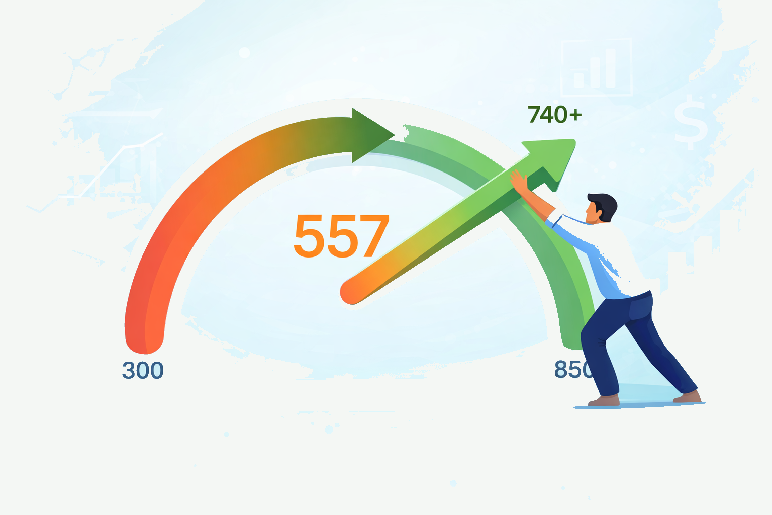 Credit score gauge showing improvement from 557 to 740+