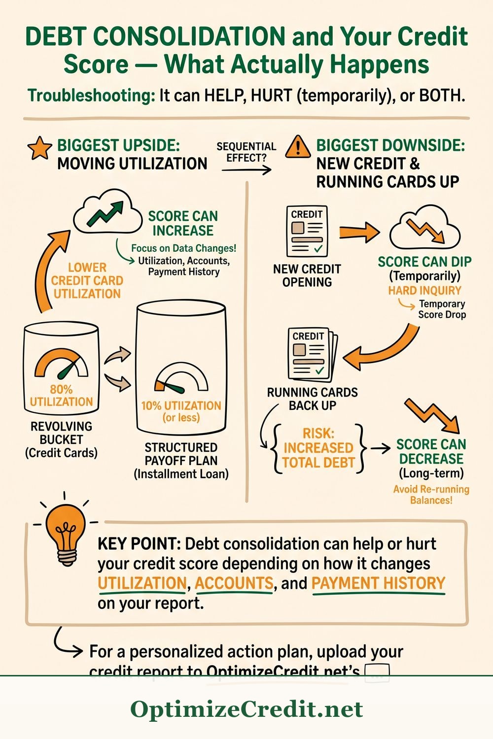 Debt Consolidation and Your Credit Score — What Actually Happens infographic — OptimizeCredit.net