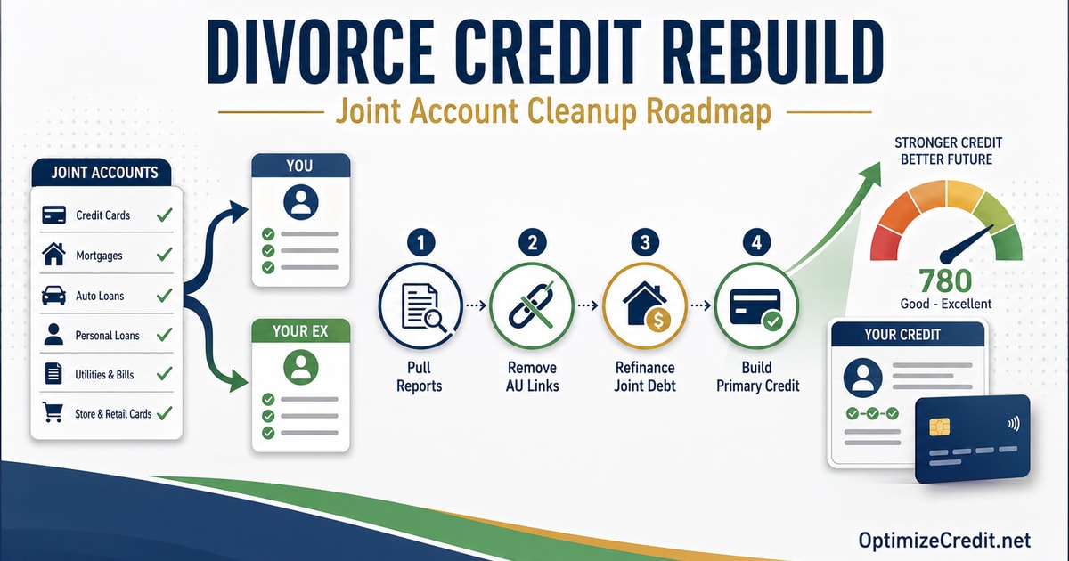 Horizontal divorce credit rebuild roadmap showing joint account cleanup, authorized user removal, refinance review, low utilization, and new primary credit
