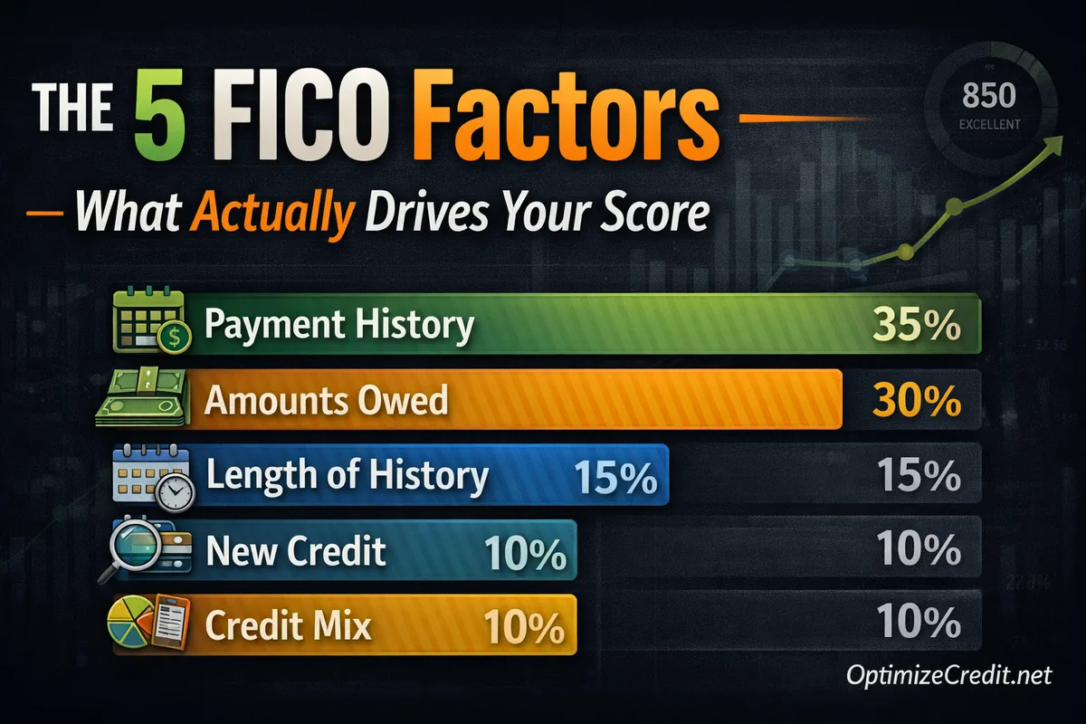 Visual breakdown of the five FICO score factors with percentage weights