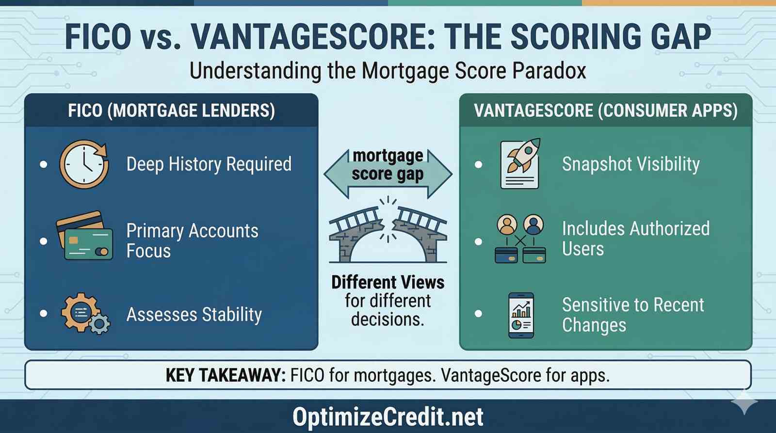 Infographic comparing FICO and VantageScore models showing why bank and app credit scores differ
