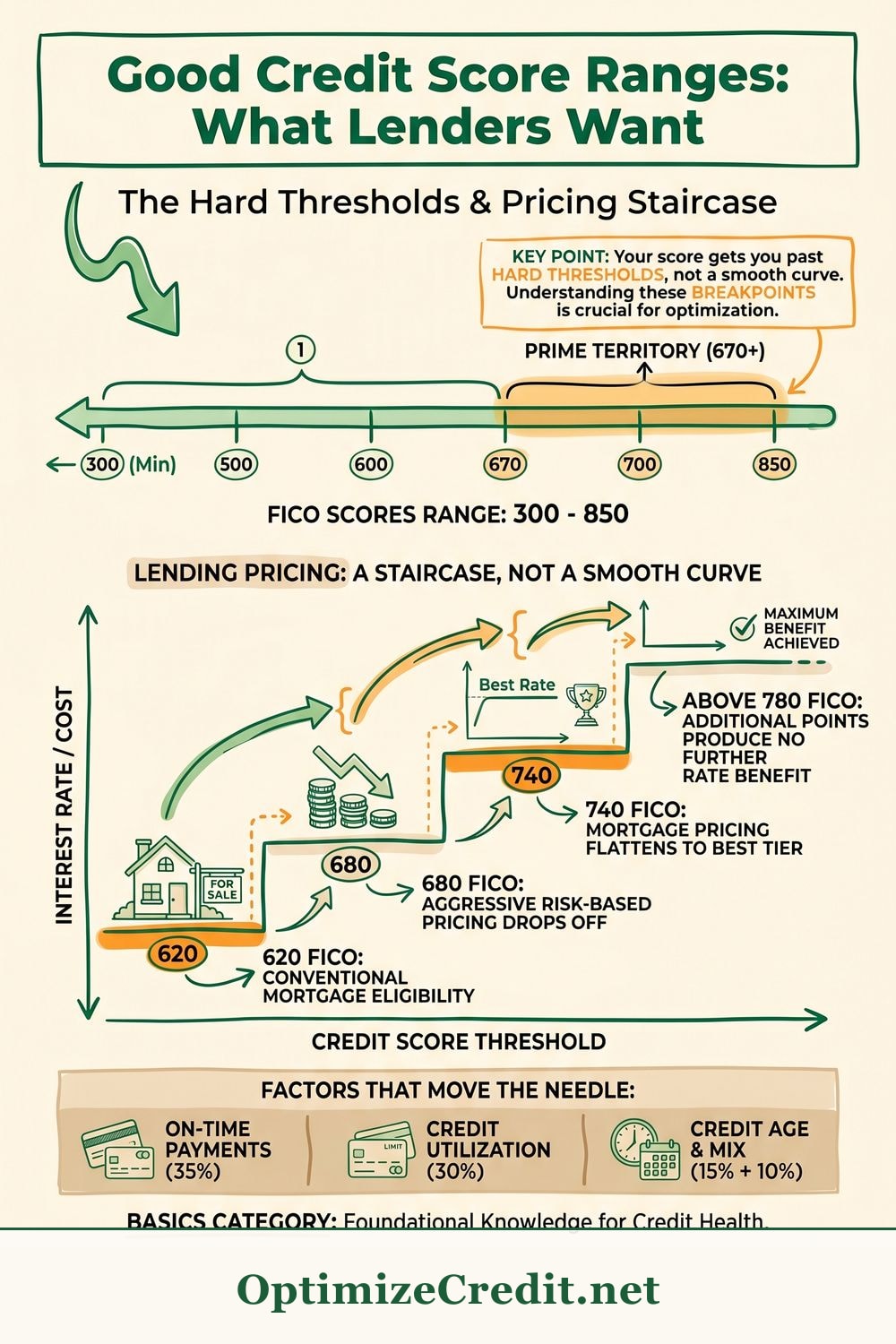 Good Credit Score Ranges: What Lenders Want infographic — OptimizeCredit.net