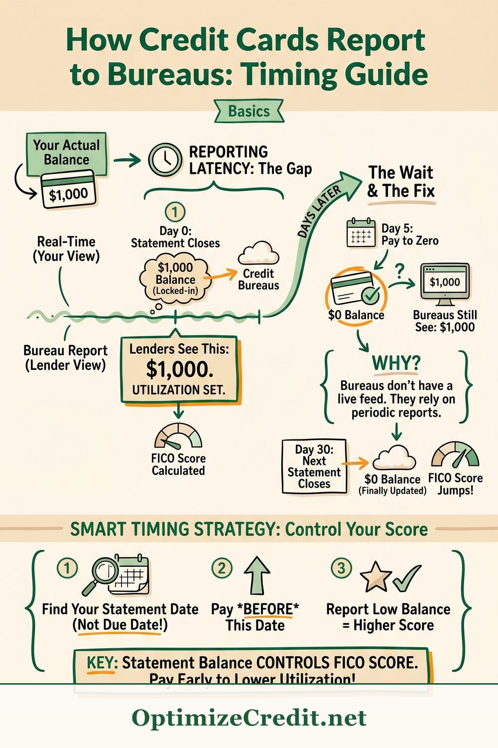 How Credit Cards Report to Bureaus: Timing Guide infographic — OptimizeCredit.net