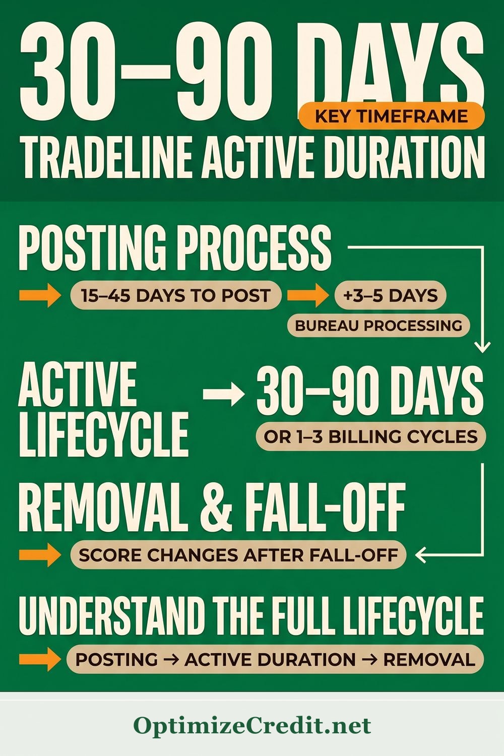 How Long Do Tradelines Stay on Your Credit Report? infographic — OptimizeCredit.net