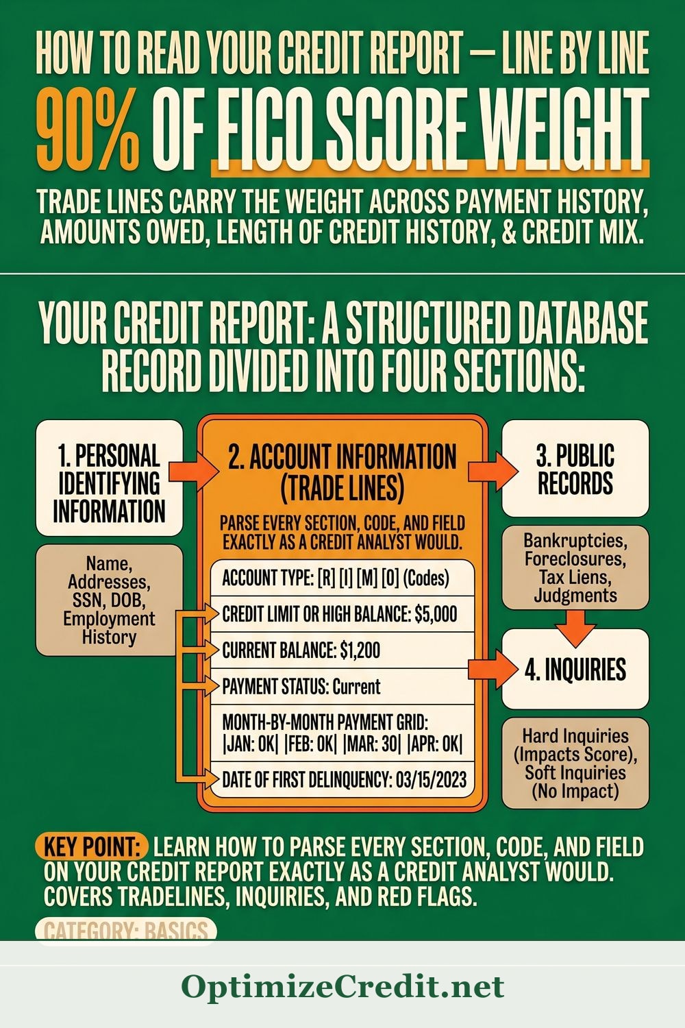 How to Read Your Credit Report — Line by Line infographic — OptimizeCredit.net