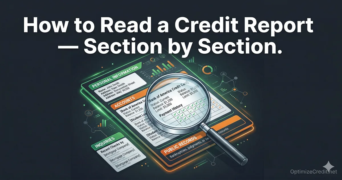 Annotated sample credit report highlighting key sections to review