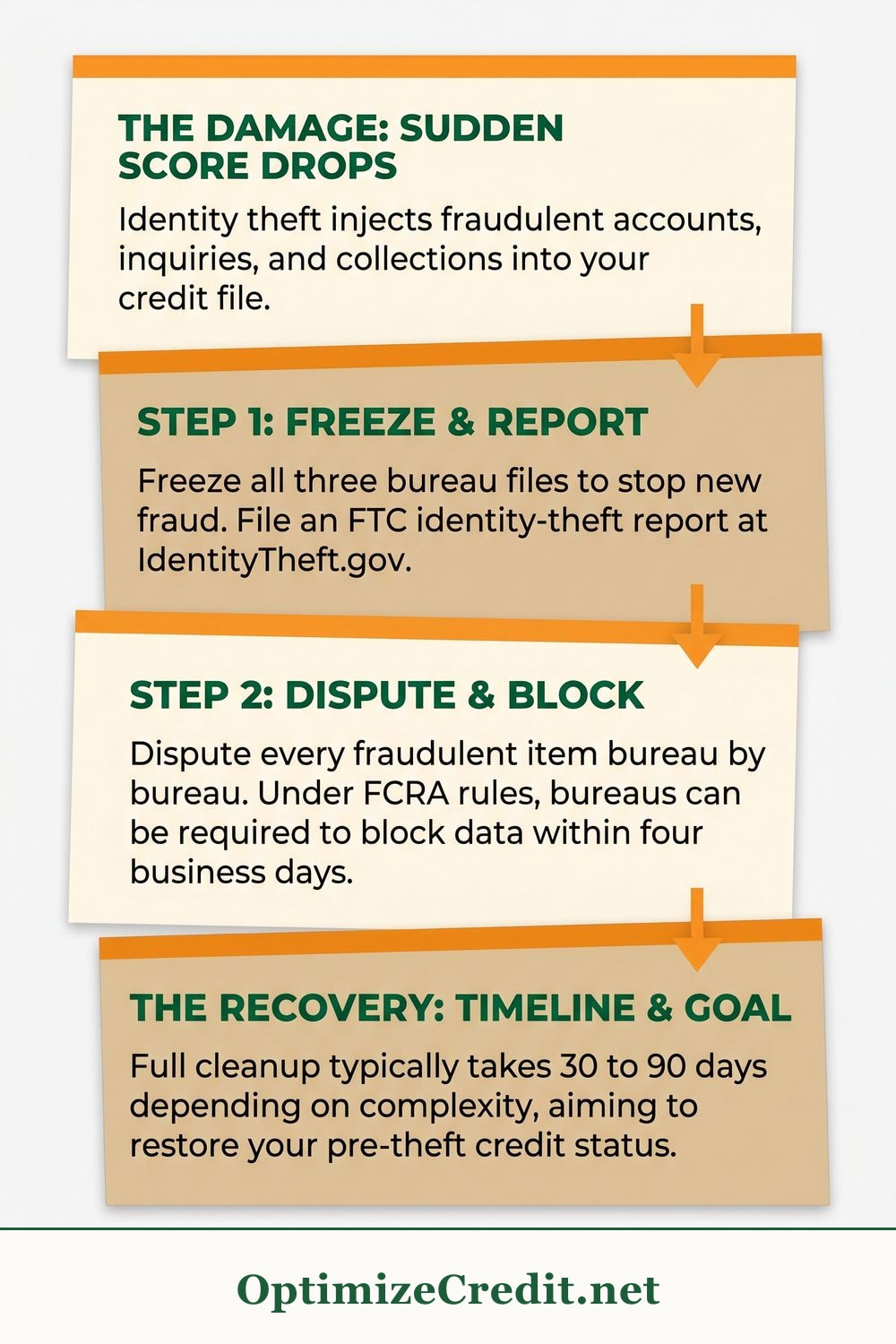Identity Theft Credit Recovery: Step-by-Step infographic — OptimizeCredit.net