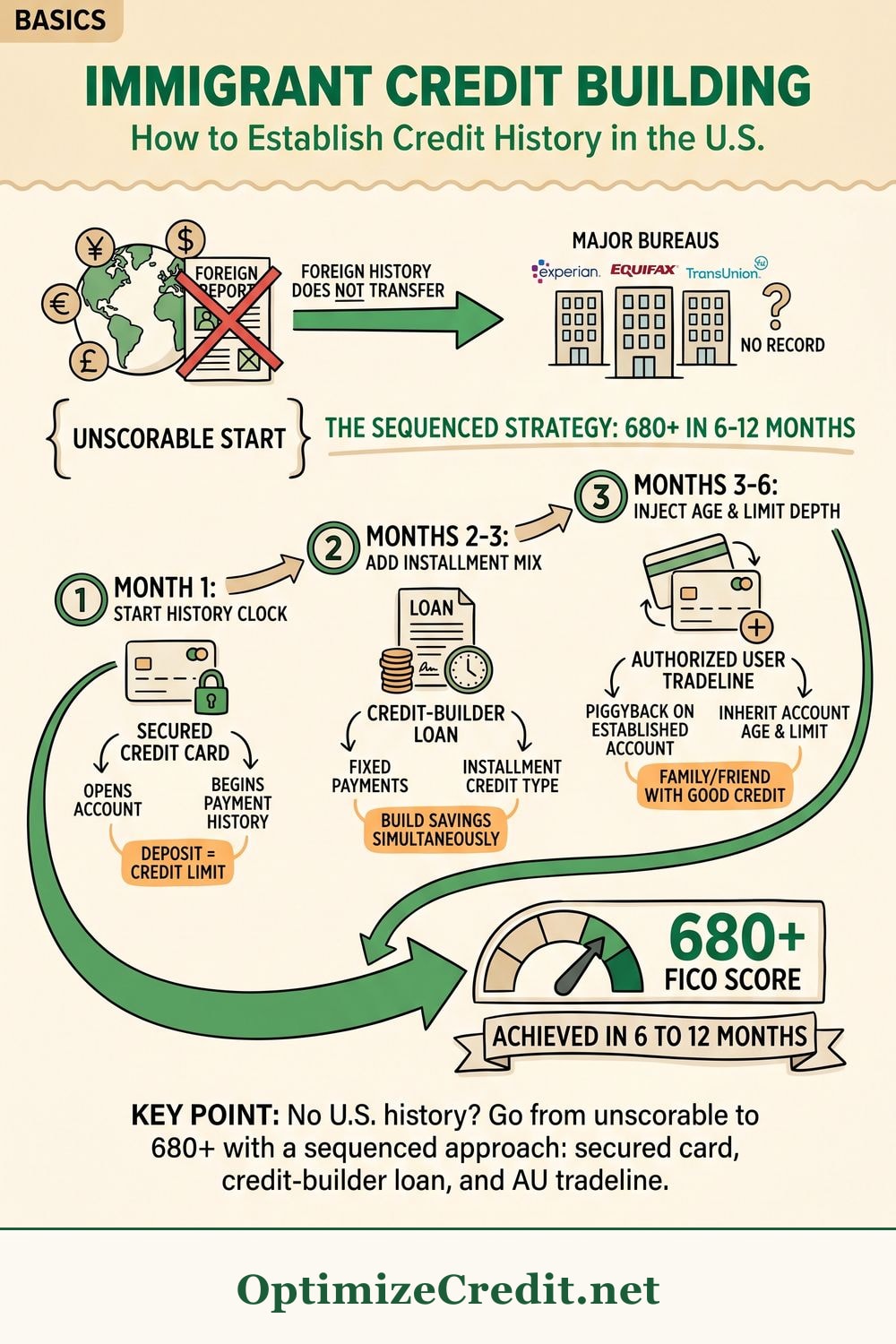 Immigrant Credit Building — How to Establish Credit History in the U.S. infographic — OptimizeCredit.net