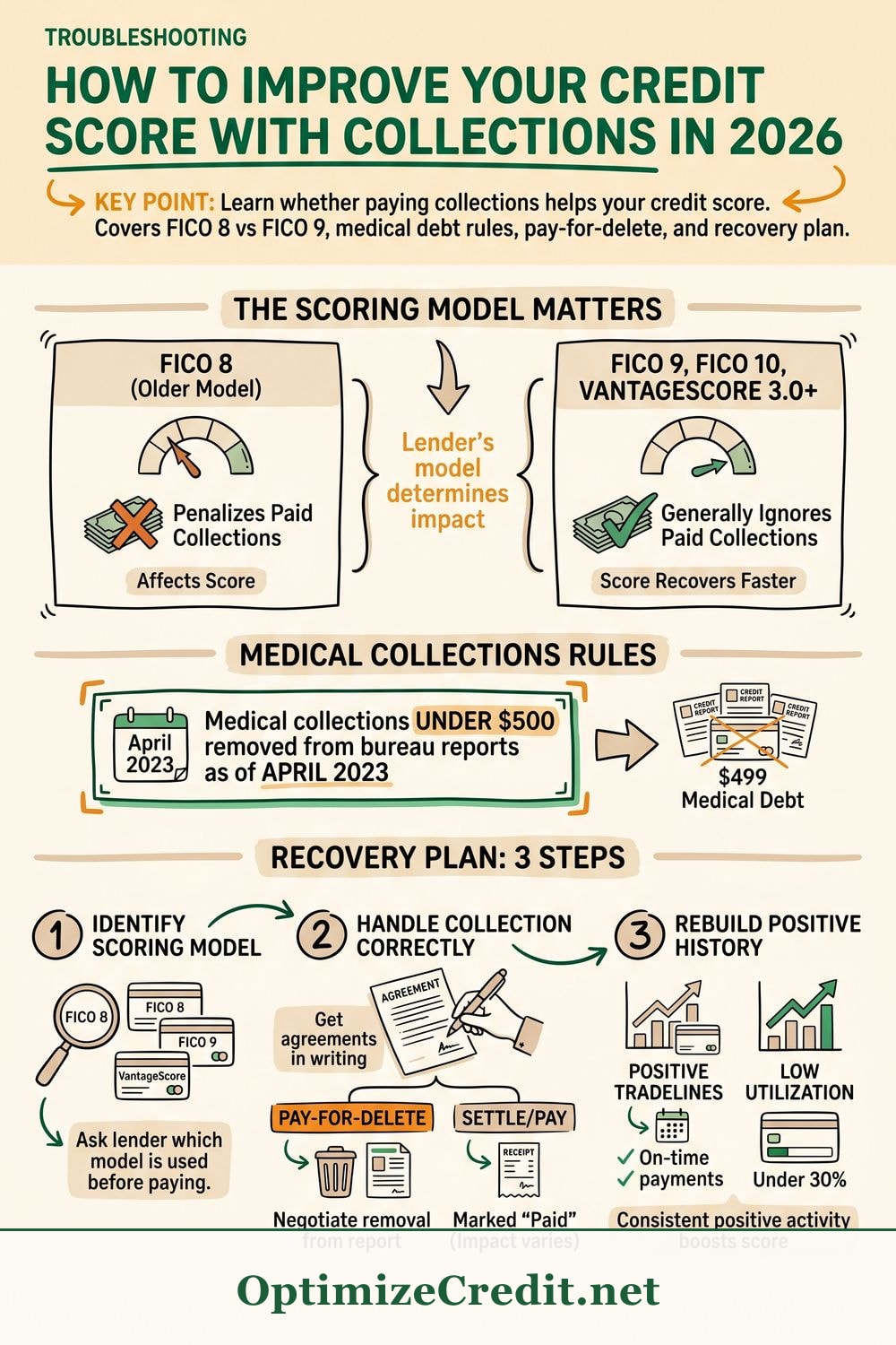 How to Improve Your Credit Score With Collections in 2026 infographic — OptimizeCredit.net