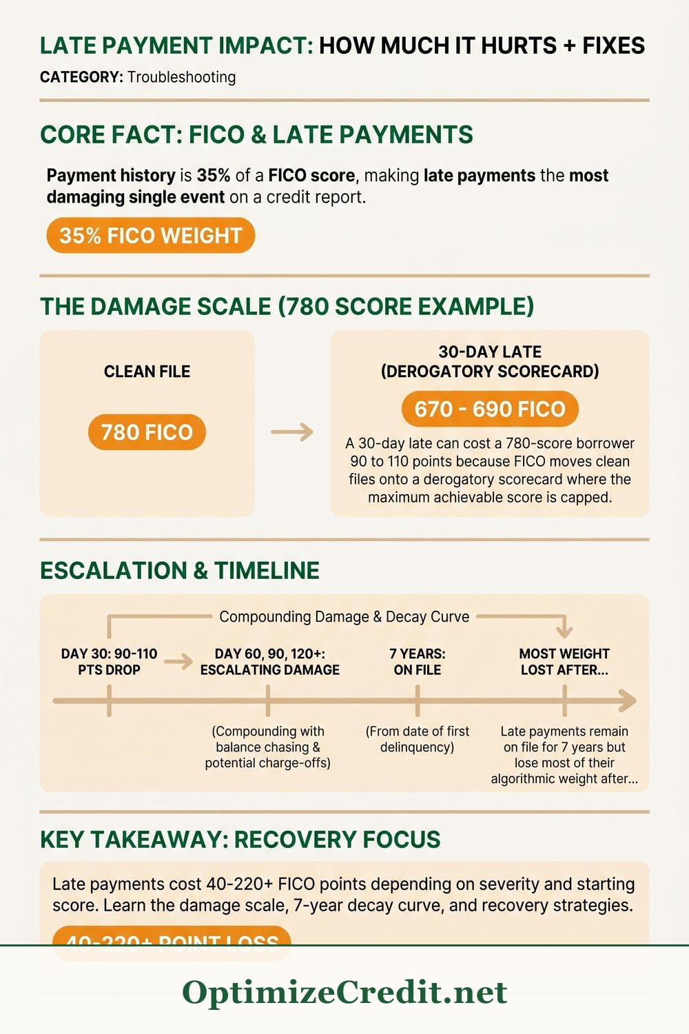 Late Payment Impact: How Much It Hurts + Fixes infographic — OptimizeCredit.net