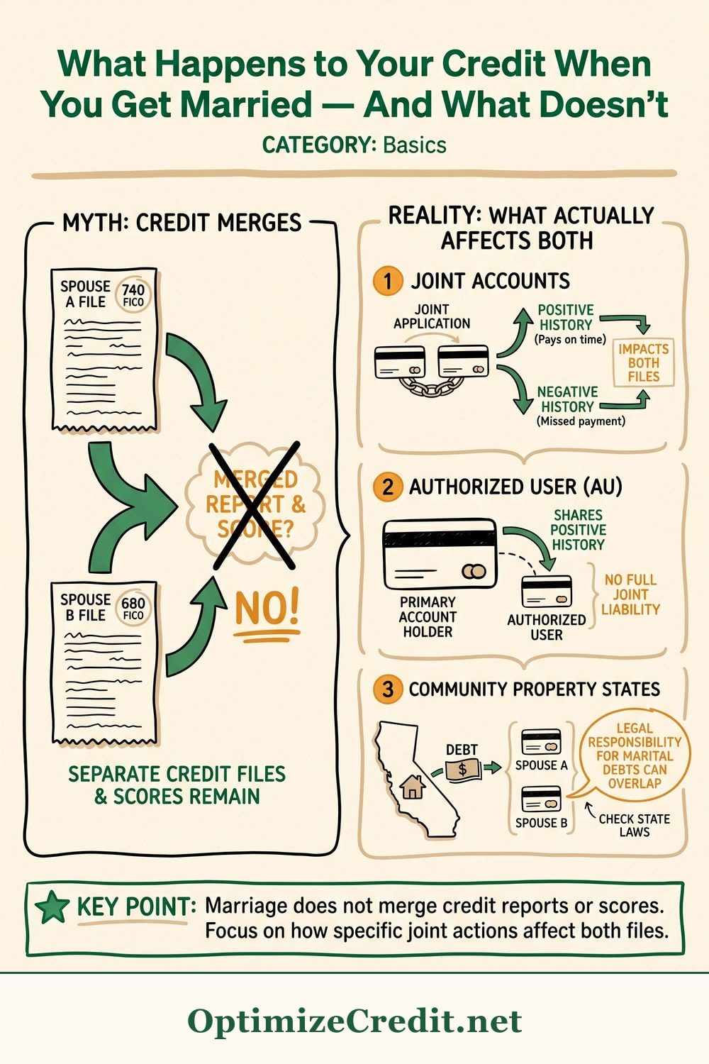 What Happens to Your Credit When You Get Married — And What Doesn't infographic — OptimizeCredit.net