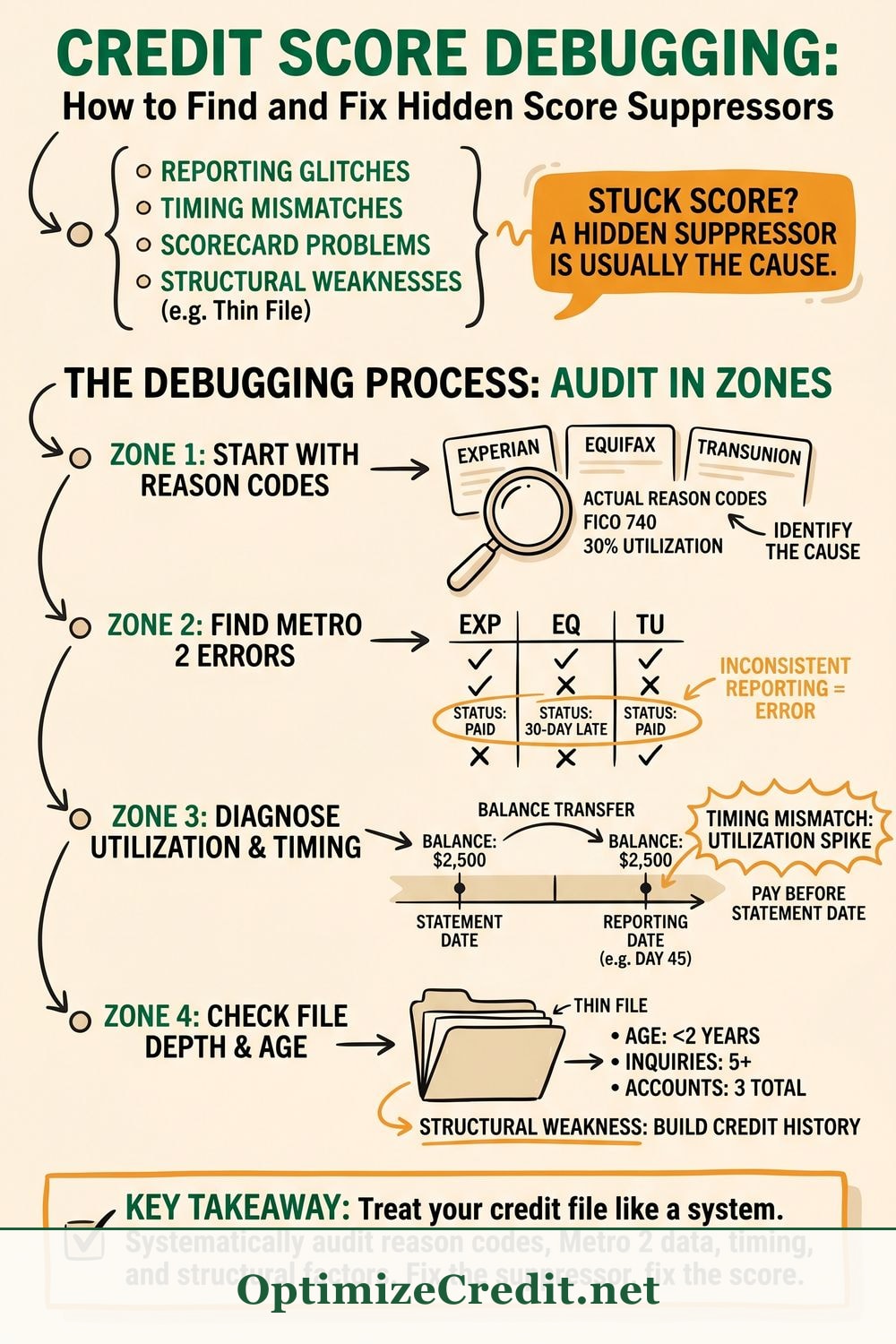 Credit Score Debugging: How to Find and Fix Hidden Score Suppressors infographic — OptimizeCredit.net