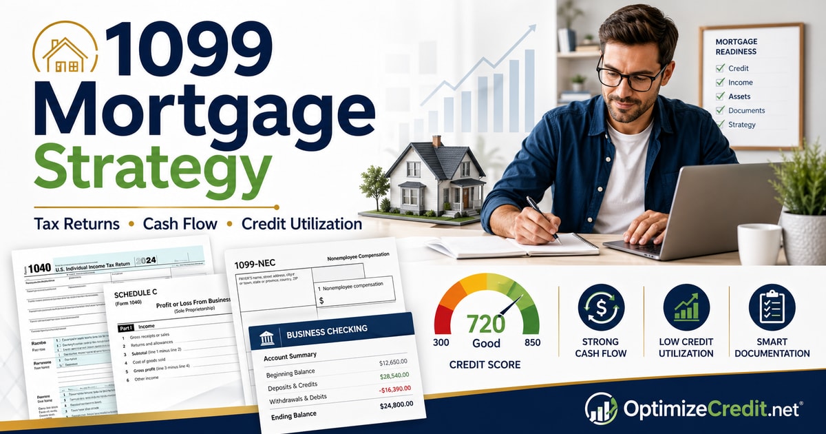 Horizontal credit strategy guide for 1099 and self-employed mortgage borrowers showing tax returns, business cash flow, utilization, documentation, and mortgage approval planning
