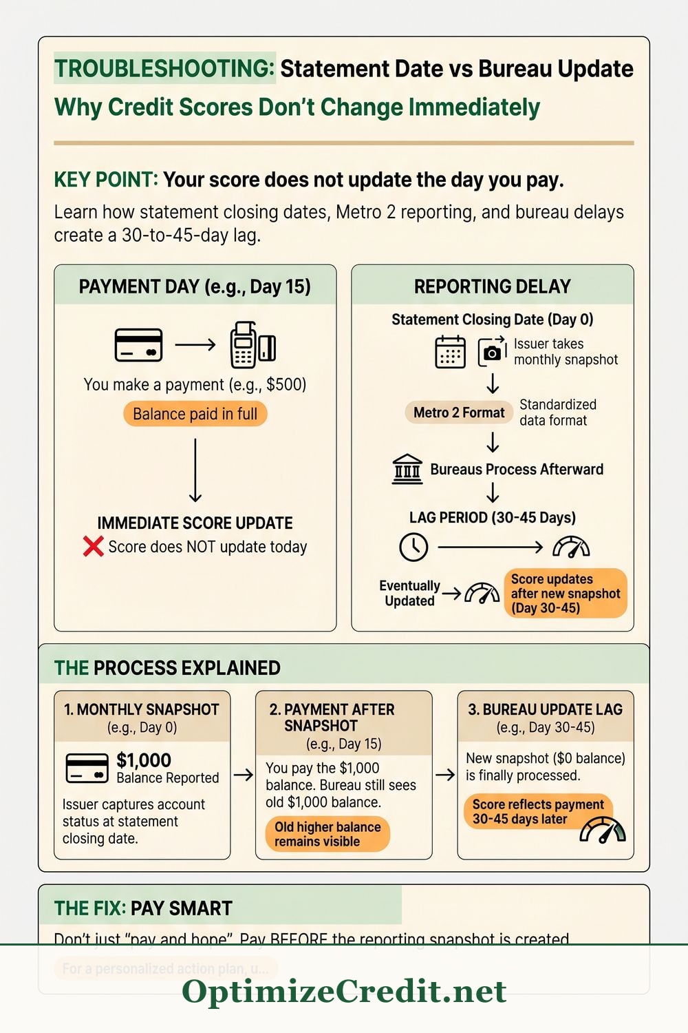 Statement Date vs Bureau Update: Why Credit Scores Don't Change Immediately infographic — OptimizeCredit.net