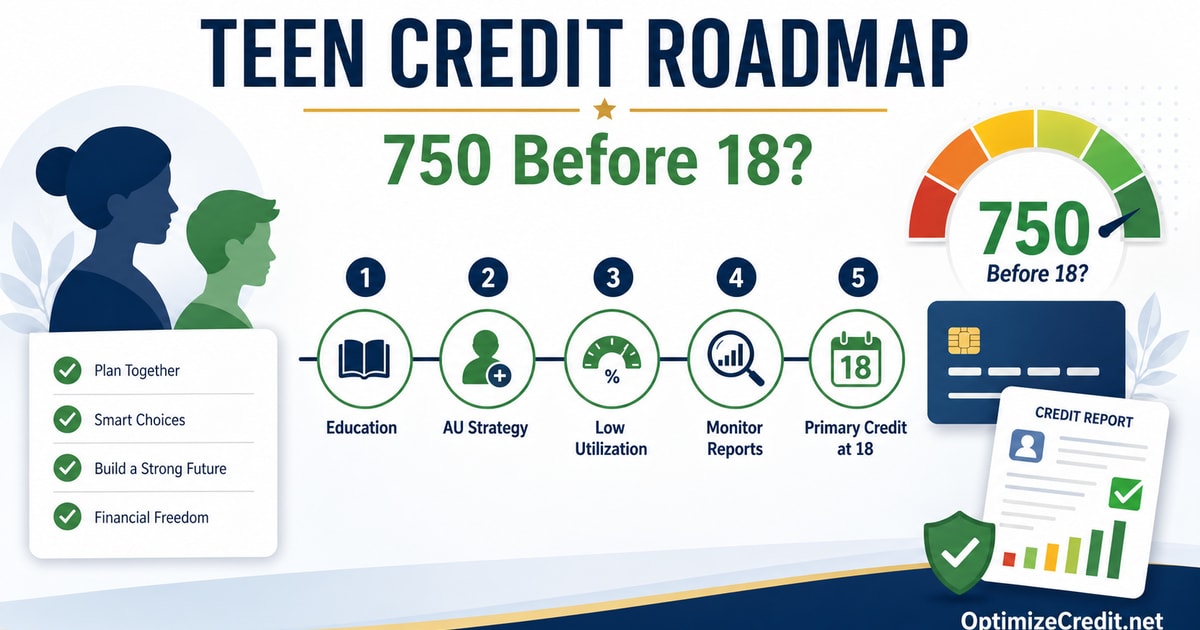 Horizontal parent guide to helping a teenager build credit before 18 with authorized user strategy, low utilization, on-time payments, credit monitoring, and primary credit steps