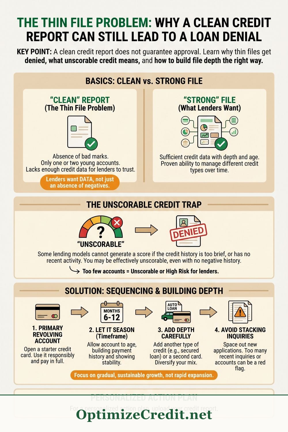 The Thin File Problem: Why a Clean Credit Report Can Still Lead to a Loan Denial infographic — OptimizeCredit.net