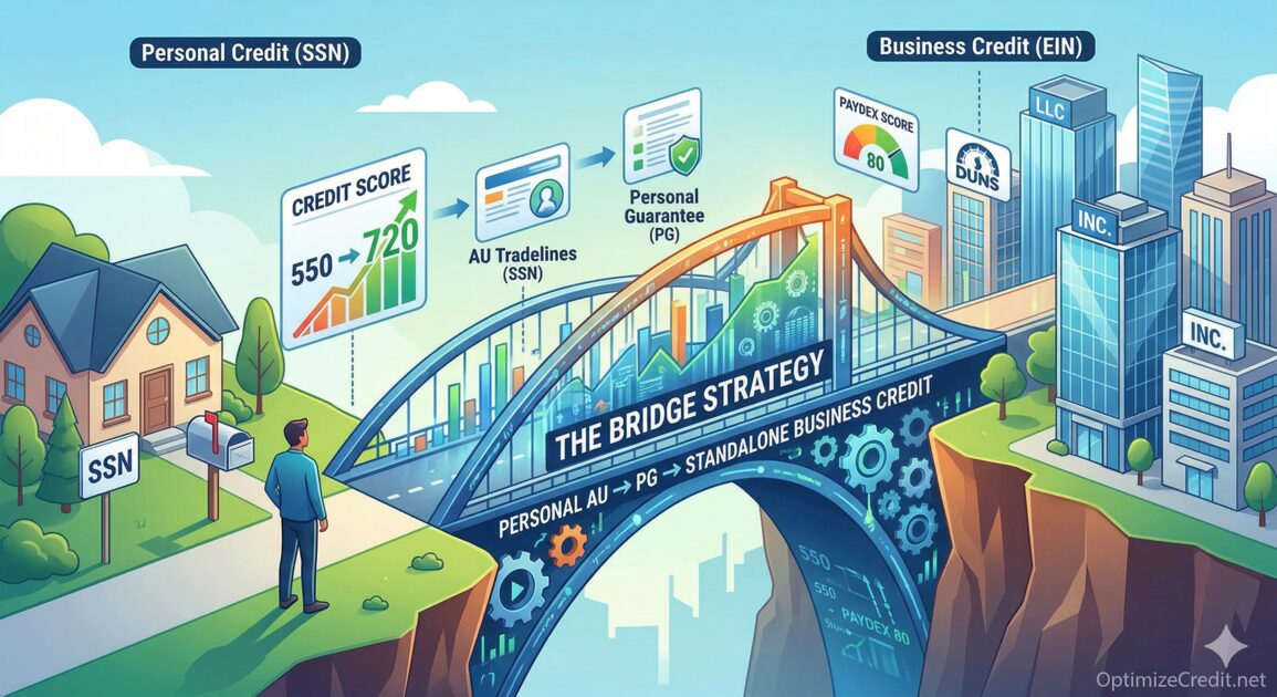 Infographic explaining the personal-to-business credit bridge strategy using tradelines