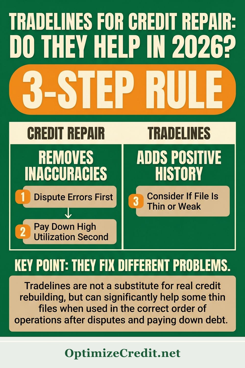 Tradelines for Credit Repair: Do They Help in 2026? infographic — OptimizeCredit.net
