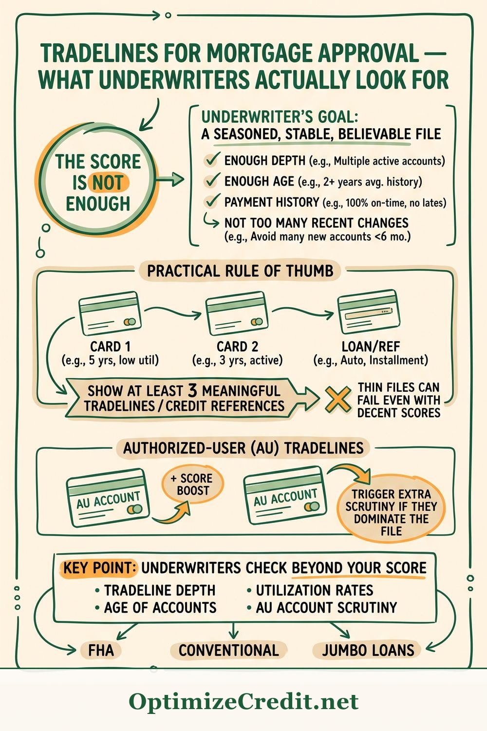 Tradelines for Mortgage Approval — What Underwriters Actually Look For infographic — OptimizeCredit.net