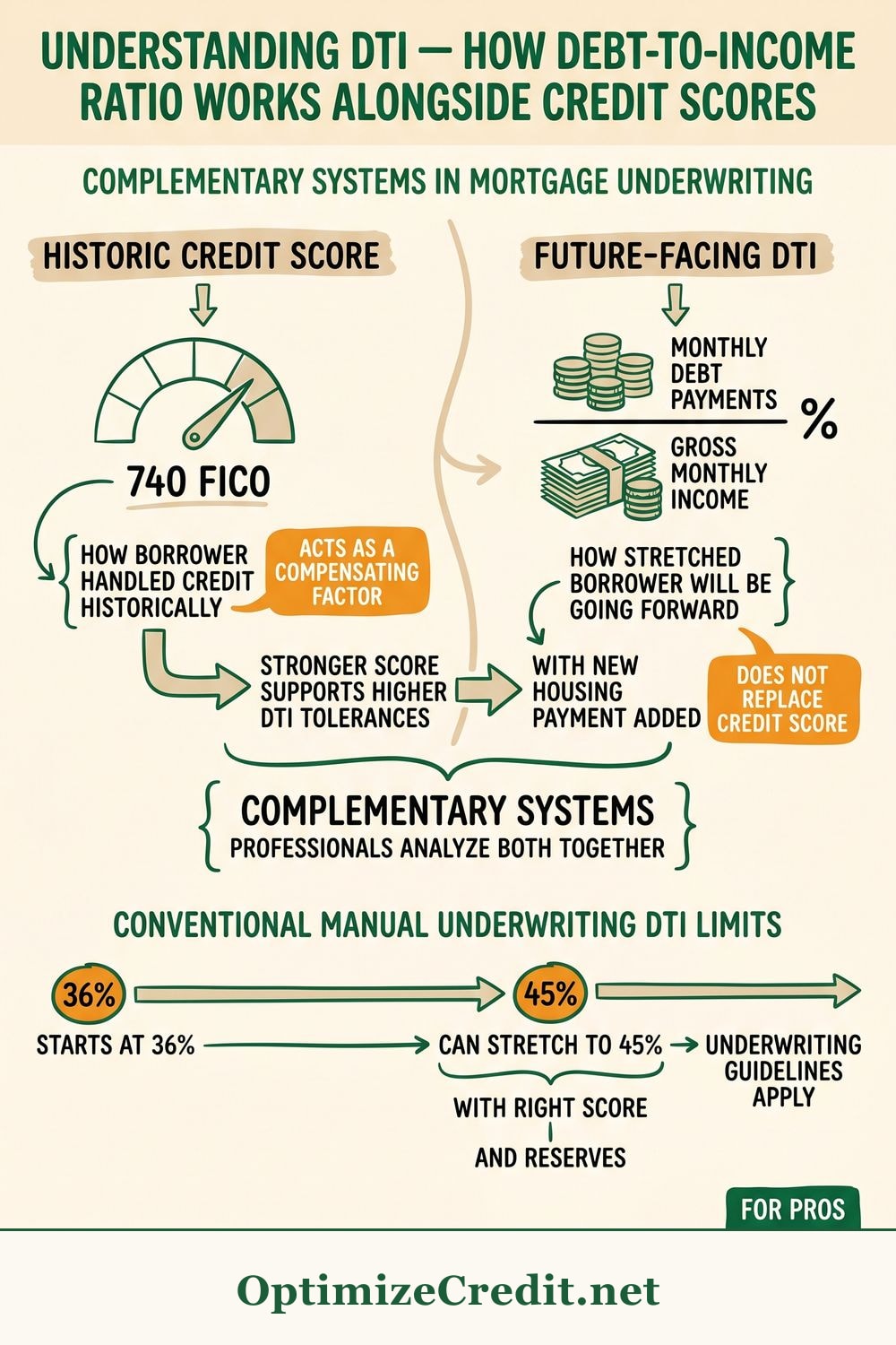 Understanding DTI — How Debt-to-Income Ratio Works Alongside Credit Scores infographic — OptimizeCredit.net