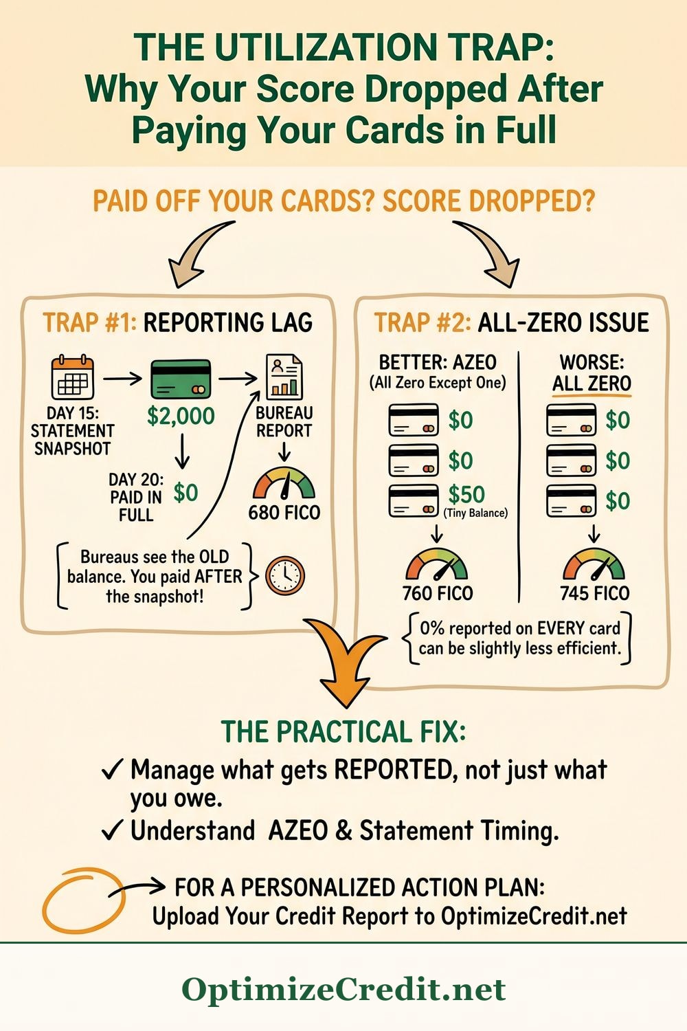 The Utilization Trap: Why Your Score Dropped After Paying Your Cards in Full infographic — OptimizeCredit.net