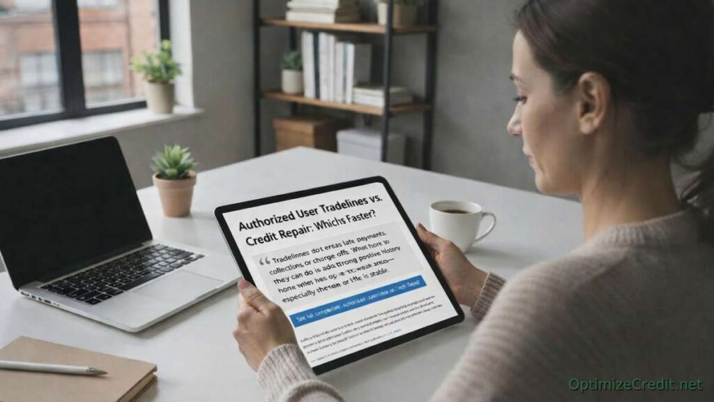 A person researching credit repair versus authorized user tradelines on a tablet. The screen shows a comparison guide from OptimizeCredit.net regarding fast vs. slow credit improvement strategies.