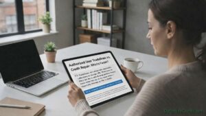 A person researching credit repair versus authorized user tradelines on a tablet. The screen shows a comparison guide from OptimizeCredit.net regarding fast vs. slow credit improvement strategies.