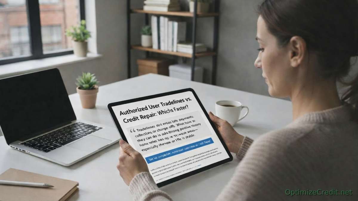 A person researching credit repair versus authorized user tradelines on a tablet. The screen shows a comparison guide from OptimizeCredit.net regarding fast vs. slow credit improvement strategies.