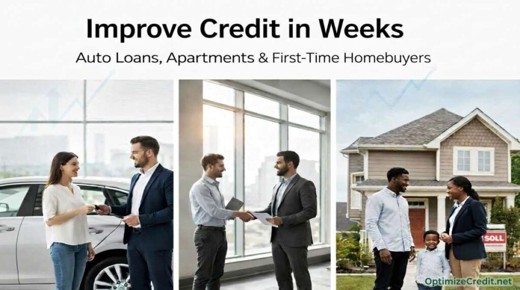 Collateral showing people buying a car, shaking hands in an office, and standing in front of a new home. Text overlay: Improve Credit in Weeks for Auto Loans, Apartments, and First-Time Homebuyers.