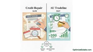 Side-by-side infographic comparing credit repair (slow, 0–90 days) vs authorized user tradelines (fast, days to weeks) for building credit.