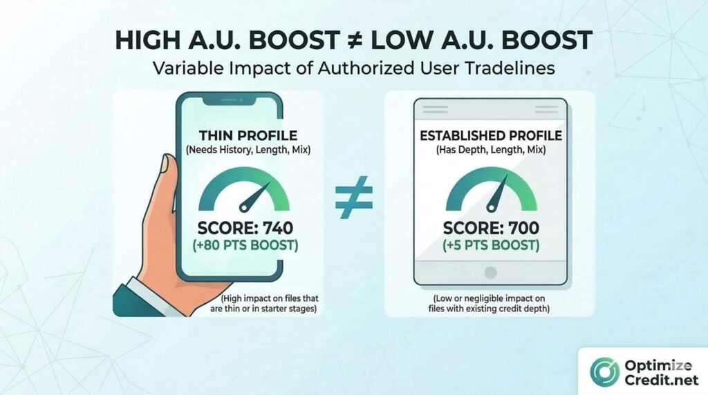 Comparison chart showing the variable impact of authorized user tradelines on thin credit profiles vs. established profiles.