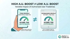 Comparison chart showing the variable impact of authorized user tradelines on thin credit profiles vs. established profiles.