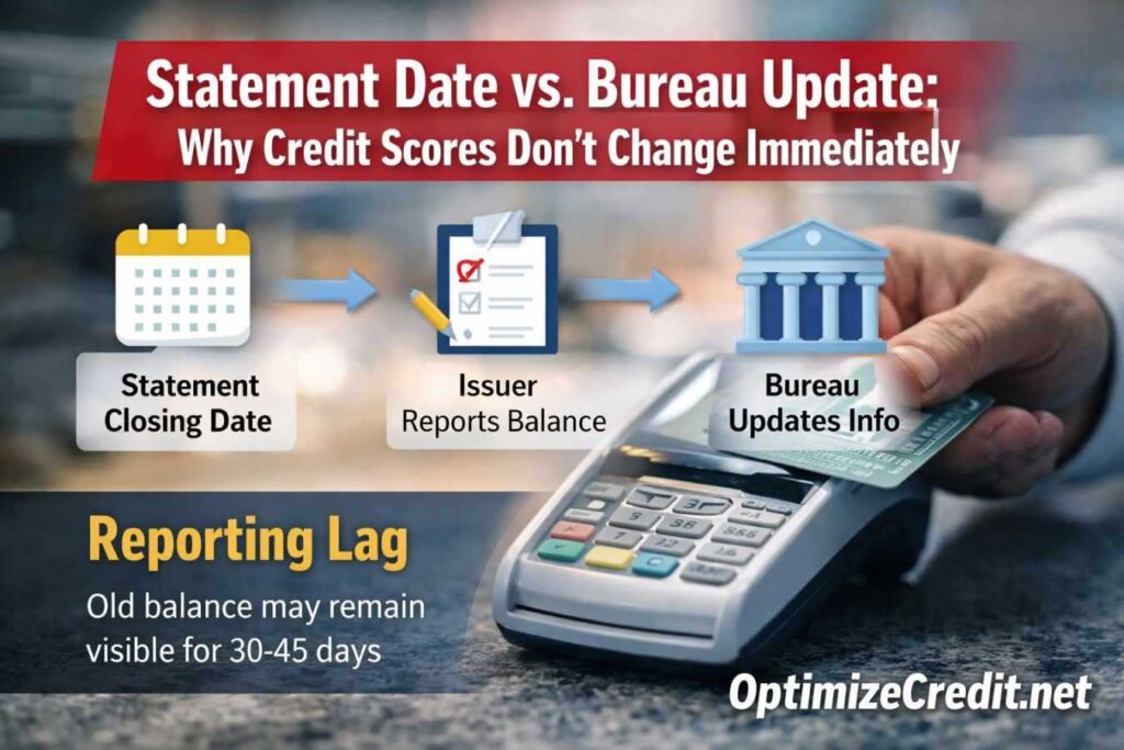 Infographic explaining the timing difference between a credit card statement date and a bureau reporting update.